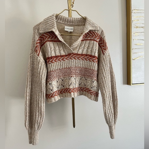 Freshman Sweaters - Freshman Beige and Rust Bohemian V-Neck Academy preppy cropped  Sweater S